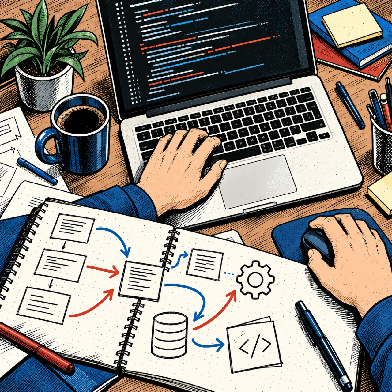 Hands turn sketches into software at a laptop.