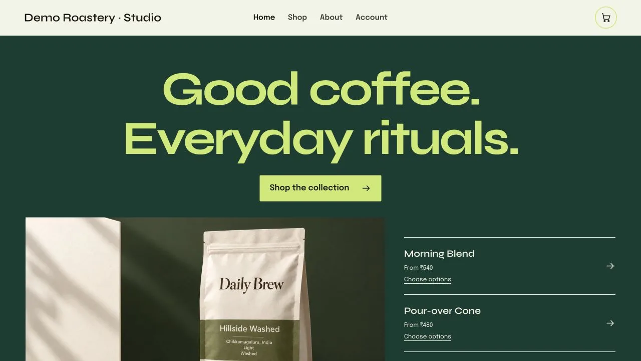 Studio demo coffee storefront with green and lime colours and a sample coffee catalogue.